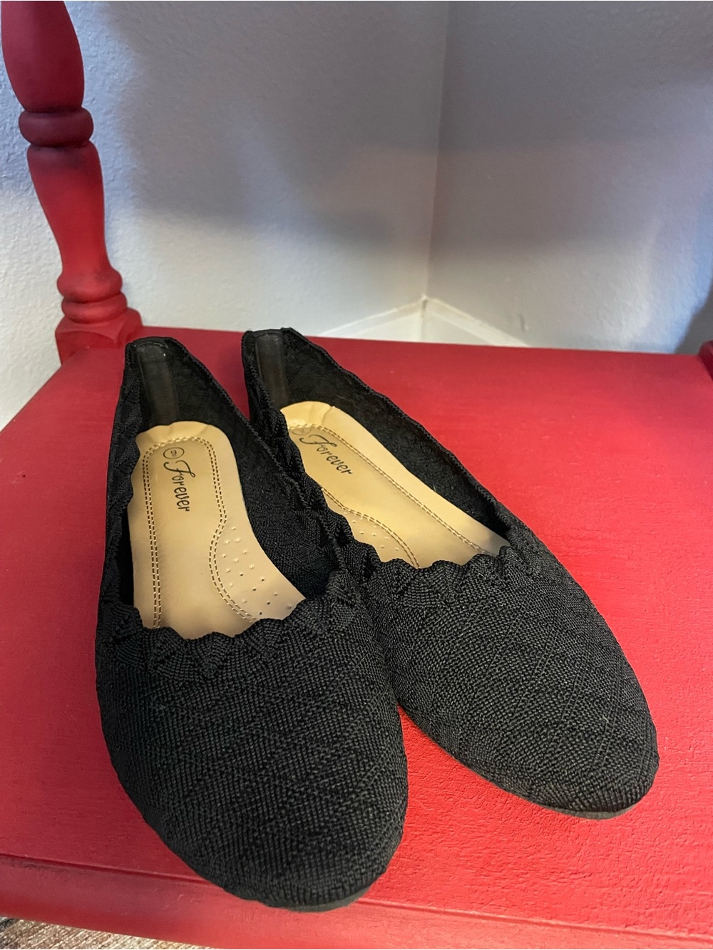 Forever Black Knit Ballet Flats Scalloped Stretch Women’s Size 9